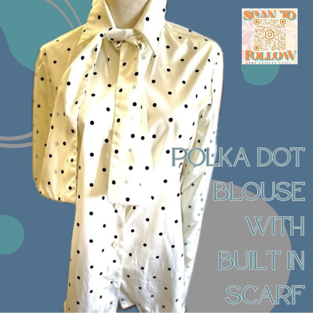 𝅺VINTAGE PSI POLKA DOT BUTTON DOWN BLOUSE WITH TIE